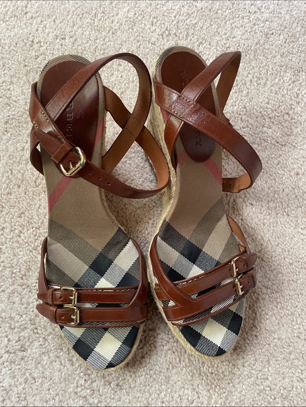 Burberry Brown Leather & Beige Check Espadrille Wedge Sandals - Picture 16 of 16
